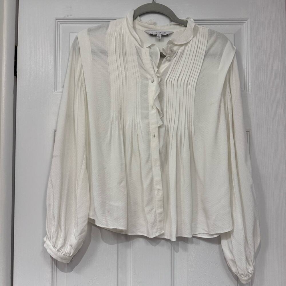 Intermix Textured Off White Button Down Long Sleeve Blouse